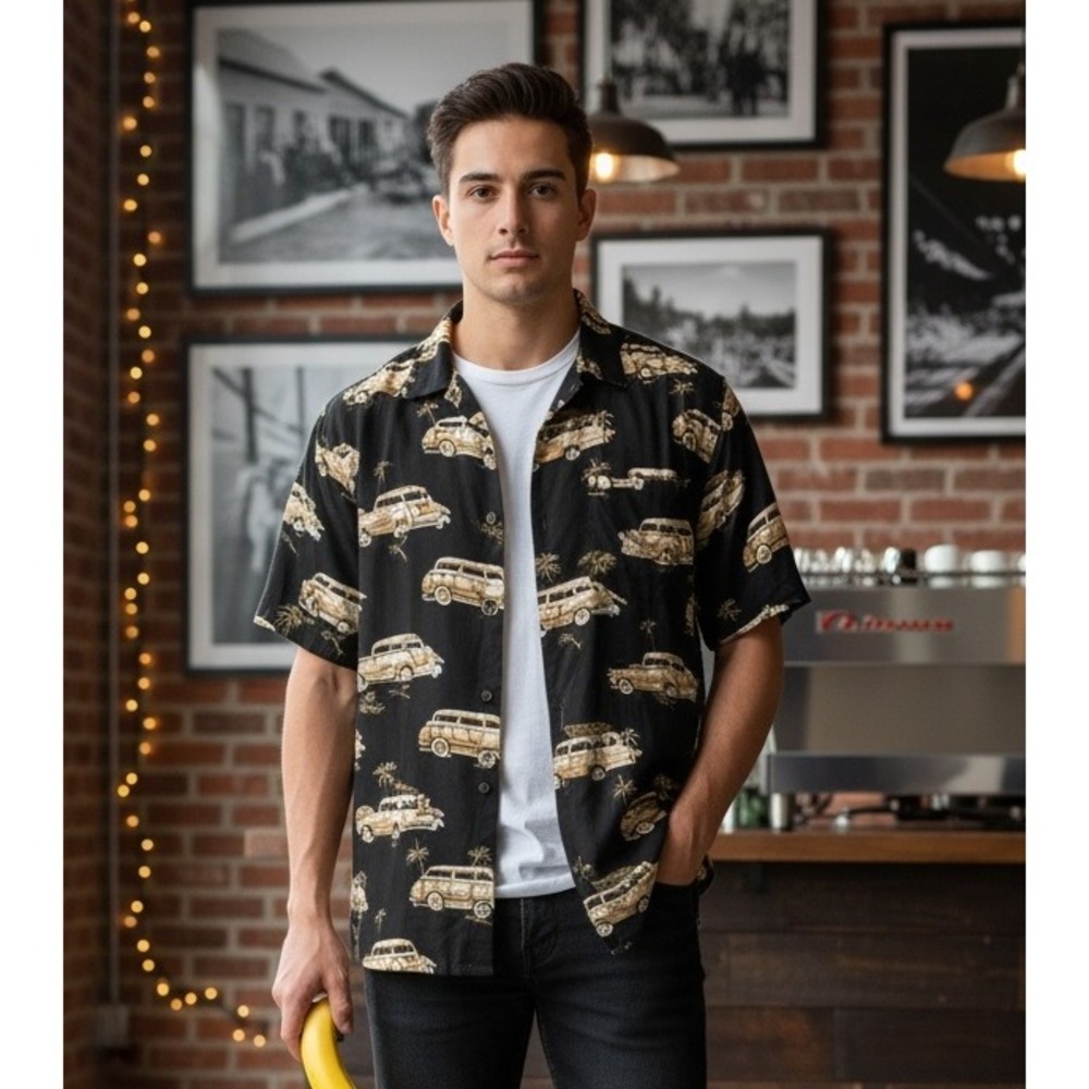 Puritan Men's Hawaiian Shirt Short Sleeve Size XL All Over Print Cars Palm Trees